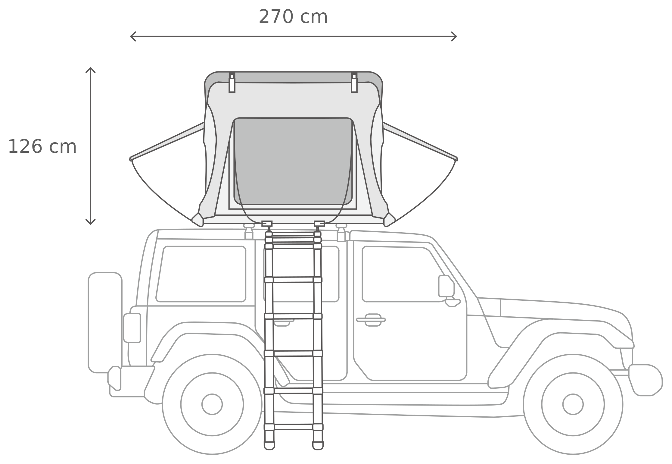 Skycamp 4.0 Duo – Öppet, från sidan (153 x 210 x 126 cm)