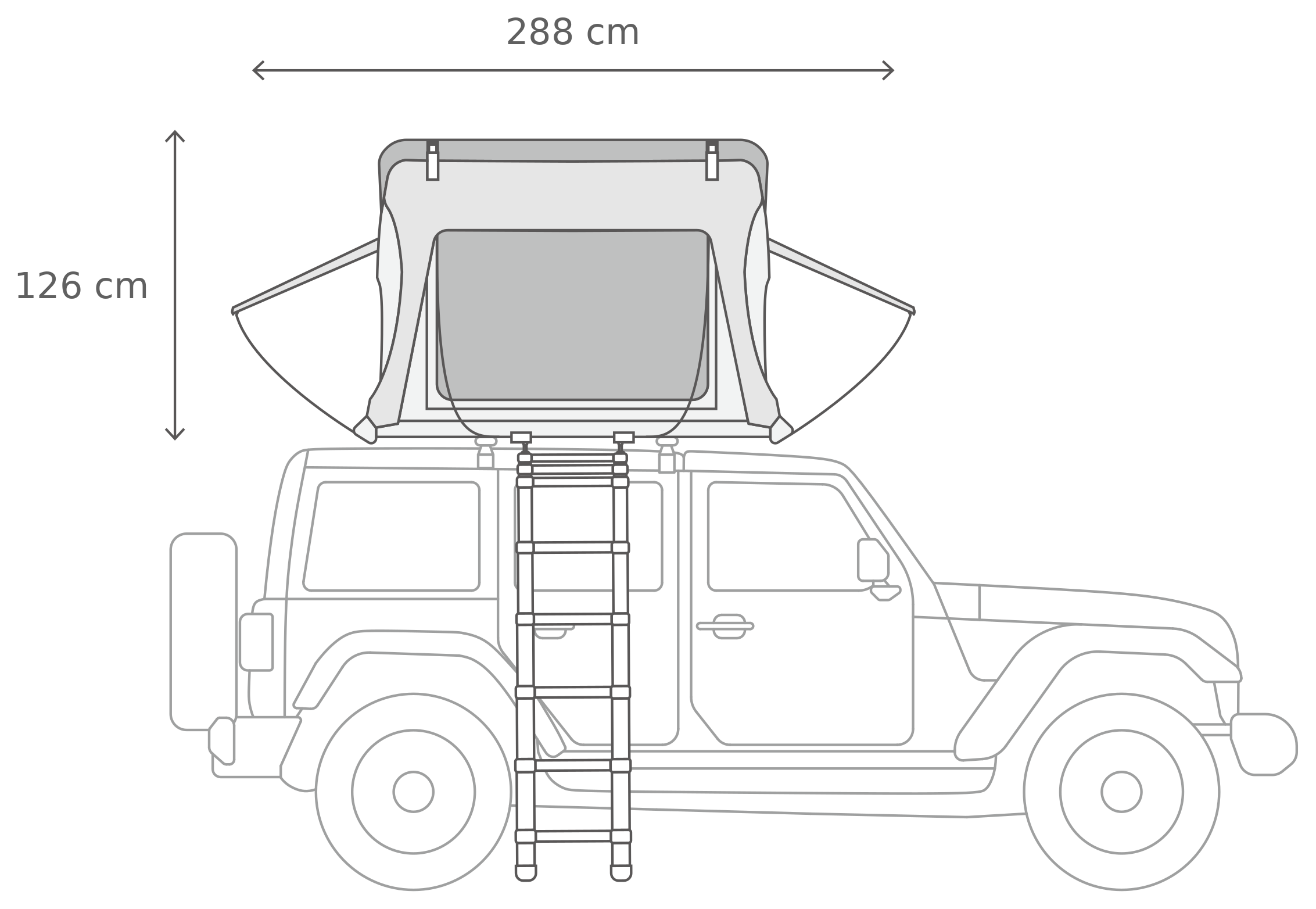 Skycamp 4.0 Trio – Öppet, från sidan (171 x 210 x 126 cm)